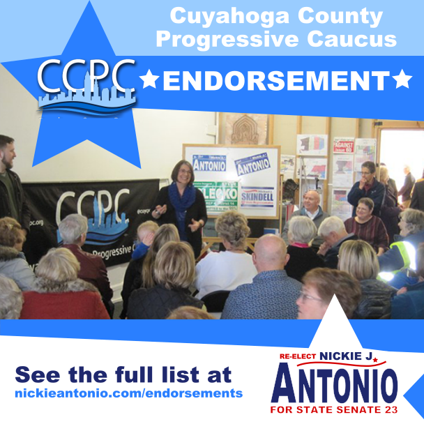 Cuyahoga County Progressive Caucus Endorsement Graphic with Nickie Antonio addressing membership