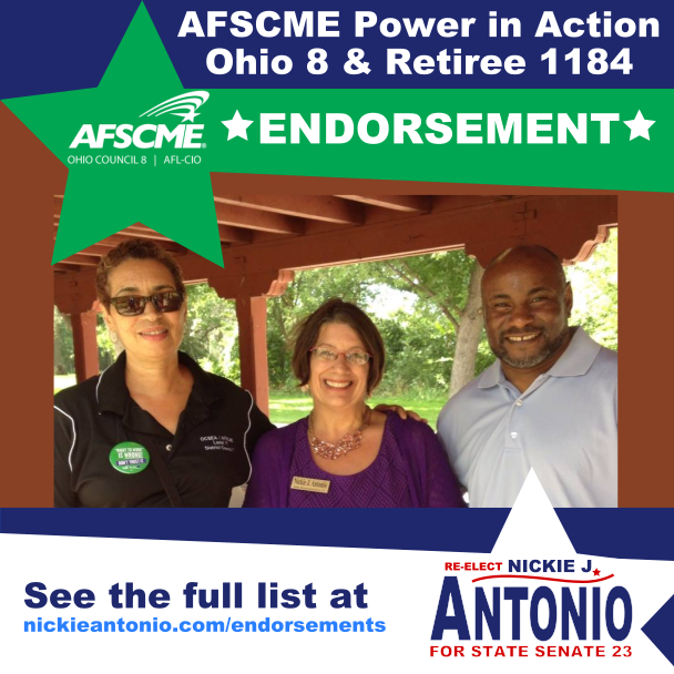 AFSCME Ohio Council 8 Retiree 1184 members stand with State Senator Nickie J. Antonio